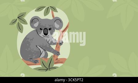 Banner vettoriale orizzontale con koala seduto sul ramo dell'albero e sfondo verde. Concetto di protezione della fauna selvatica, eco-consapevolezza, zoo, educazione o adve Illustrazione Vettoriale