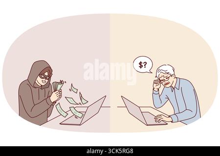 L'hacker ruba denaro da un uomo anziano utilizzando un computer portatile con Internet, tramite tecniche di manipolazione psicologica e truffa. Il nonno derubato si fidava dell'interlocutore anonimo della chat e inviava risparmi agli hacker Illustrazione Vettoriale