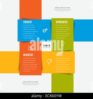 Moderno modello di analisi SWOT per la strategia aziendale. Un'infografica chiara ed efficace sull'analisi SWOT aiuta a visualizzare punti di forza, punti deboli e opportunità Illustrazione Vettoriale