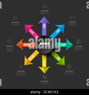 Un moderno e colorato diagramma infografico a freccia 3D con otto direzioni diverse e icone per la visualizzazione dei dati. Questo schema infografico presenta un Illustrazione Vettoriale