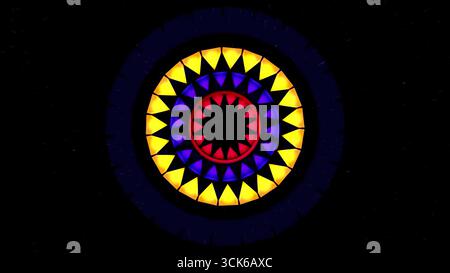 Un design Mandala vibrante e simmetrico caratterizzato da forme geometriche in colori brillanti su sfondo scuro. Foto Stock