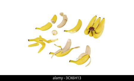 Una collezione di banane in varie forme, che mostrano banane intere, affettate e sbucciate per l'esplorazione visiva. Foto Stock