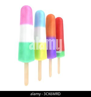 Un variopinto assortimento di papaveri da gelato su bastoncini di legno, che mostrano strati e sapori vivaci. Foto Stock
