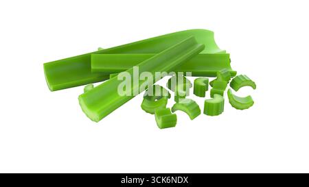 Una collezione di gambi e pezzi di sedano verde fresco, ideale per cucinare o guarnire piatti. Foto Stock