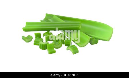 Una collezione di gambi e pezzi di sedano verde fresco che mostrano il loro colore vivace e la loro texture nitida. Foto Stock