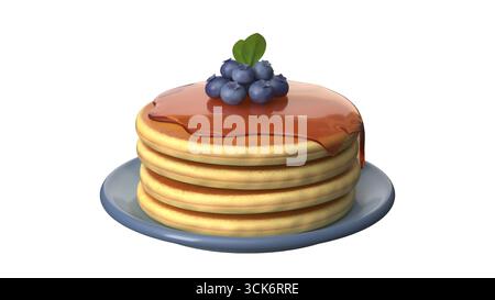 Una pila di soffici pancake ricoperti di sciroppo e mirtilli, serviti su un piatto blu. Foto Stock