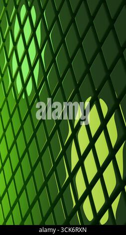 Un'opera d'arte astratta 3D digitale che mostra una rete reticolare verde brillante a forma di diamante, evidenziata da spot luminosi, perfetta per gli sfondi tecnologici Foto Stock
