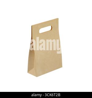 Un semplice sacchetto di carta marrone con impugnatura a taglio, comunemente utilizzato per il trasporto di alimenti o piccoli oggetti. Foto Stock