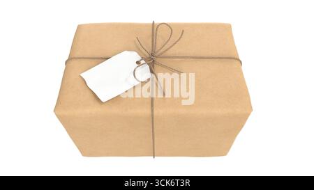 Confezione confezionata legata con una stringa e un'etichetta vuota, pronta per la consegna o per regali. Foto Stock