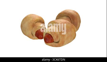 Un primo piano di due dolci al forno ripieni di una sostanza rossa, che assomiglia a uno spuntino o a un dessert. Foto Stock