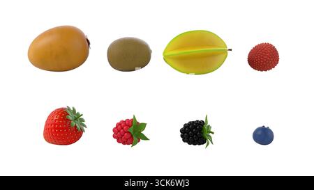 Un variopinto assortimento di frutta, tra cui kiwi, fragole, lamponi, more e mirtilli. Foto Stock