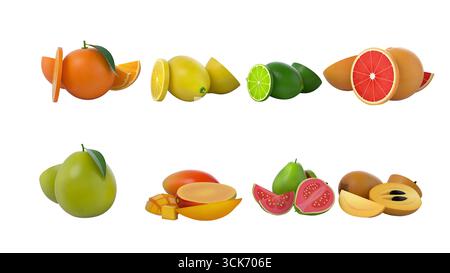 Un variopinto assortimento di frutta, tra cui agrumi e varietà tropicali, esposto in modo vivace e attraente. Foto Stock