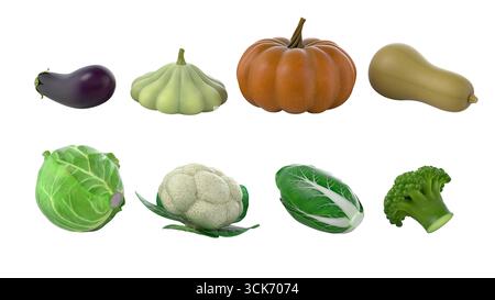 Una collezione di verdure varie, tra cui melanzane, zucca e broccoli, che mostrano le loro diverse forme e colori. Foto Stock