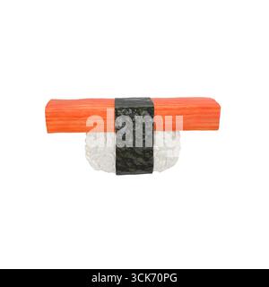 Un sushi roll stilizzato con una vivace copertura arancione, avvolto in alghe nere, poggiato su una base bianca. Foto Stock