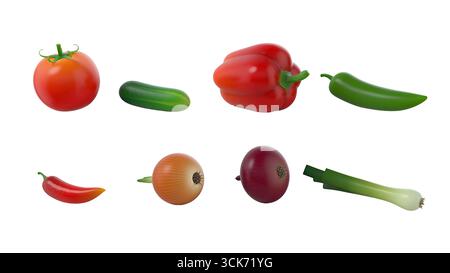 Una raccolta di ortaggi vari, compresi pomodori, peperoni, cetrioli e cipolle, in una disposizione vivace e colorata. Foto Stock