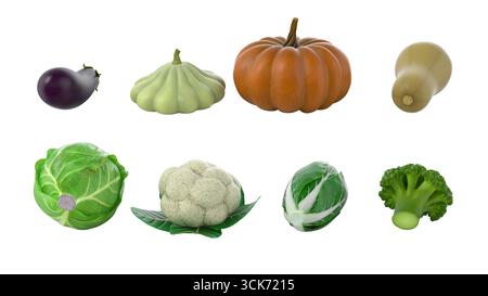 Una collezione di verdure varie, tra cui melanzane, zucca e broccoli, che mostrano forme e colori diversi. Foto Stock