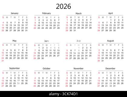 Calendario dell'anno 2026 con panoramica su mesi, giorni e giorni feriali. Illustrazione Vettoriale