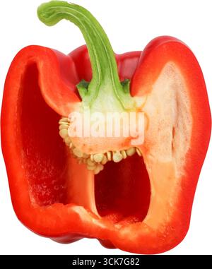 Una sezione trasversale di un peperone rosso che mostra la sua struttura interna e i semi. Foto Stock