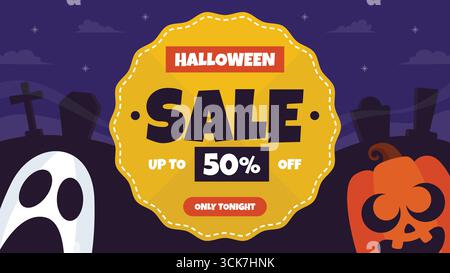 Modello di sfondo per gli sconti di Halloween con fantasmi e zucca sbircianti, perfetto per vendite stagionali, marketing, promozioni sui social media ed eventi di ottobre. Illustrazione Vettoriale