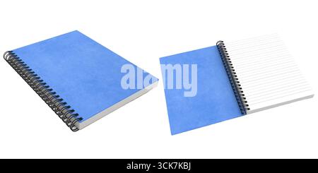 Un notebook blu con rilegatura a spirale, uno chiuso e uno aperto con pagine rivestite, ideale per prendere appunti e organizzare. Foto Stock