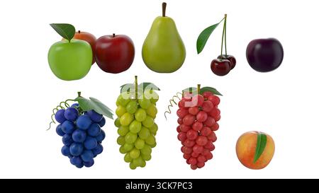 Un vivace assortimento di frutta, tra cui mele, pere, ciliegie, uva e una pesca, mostra le loro varieta' colorate. Foto Stock
