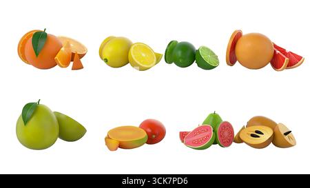 Un variopinto assortimento di frutta, tra cui arance, limoni, limes, pere, pomodori e guave, visualizzati in una disposizione vivace. Foto Stock