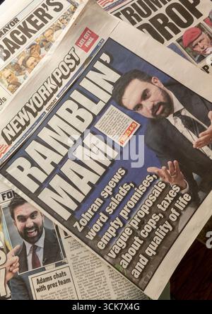 STILL Life del settembre 2025 copertura del giornale del New York Post su Zohran Mamdani Socialist Beliefs, New York City, USA Foto Stock