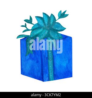 Confezione regalo con acquerello di Natale blu con nastro verde. Illustrazione ad acquerello disegnata a mano isolata su sfondo bianco Foto Stock