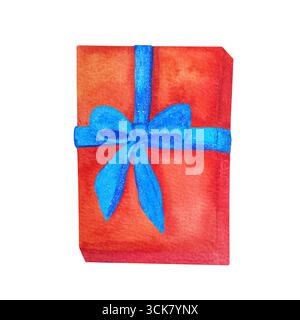 Confezione regalo arancione di Natale con nastro blu. Illustrazione ad acquerello disegnata a mano isolata su sfondo bianco Foto Stock