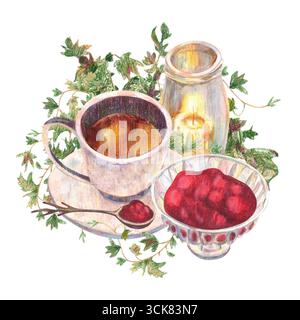 Tazza da tè e cucchiaio sul piatto, ciotola di cristallo con marmellata di frutta estiva, candela accesa nel vaso di vetro. Illustrazione acquerello. Per la festa del tè, la cucina vintage, Foto Stock