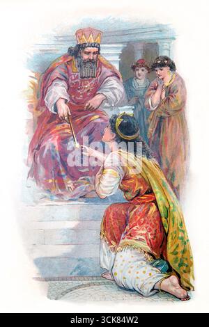 Illustrazione della regina Esther davanti al re Ahasuerus (Esther) Esther Kneels prima del re Ahasuerus che poi tenne fuori lo scettro d'oro a mostrare che era n Foto Stock