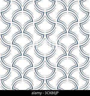 Motivo art nouveau senza cuciture con linee tratteggiate curve. Puntini blu scuro su sfondo bianco vintage. Ornamento geometrico art deco. Modello ad arco. Per Illustrazione Vettoriale