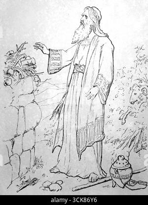 Illustrazione del processo della fede di Abramo Abramo con l'altare del sacrificio che offre Isacco (Genesi) dal libro per bambini del XX secolo l'ABC delle immagini bibliche Foto Stock
