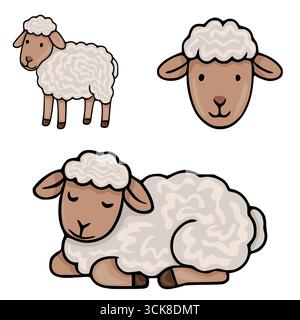 Adorabile illustrazione vettoriale con tre varianti di una graziosa pecora cartoni animati: In piedi, con solo la testa e dormendo, con un esclusivo testo in lana ondulata Illustrazione Vettoriale