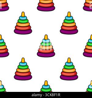 Motivo vettoriale senza cuciture di giocattoli colorati ad anelli impilabili, illustrazione vivace e divertente per i prodotti per bambini e il design in tessuto. Illustrazione Vettoriale