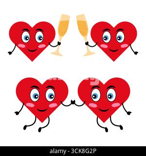 Carino Cartoon Hearts in Love Celebration. I cuori allegri tengono i bicchieri da champagne. Due cuori sorridenti si tengono per mano mentre ballano felicemente. Illustrazione Vettoriale
