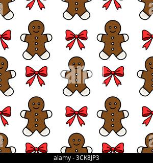 Motivo vettoriale senza cuciture con affascinanti uomini di pan di zenzero e fiocchi rossi festivi su uno sfondo bianco nitido, ideale per disegni a tema natalizio. Illustrazione Vettoriale