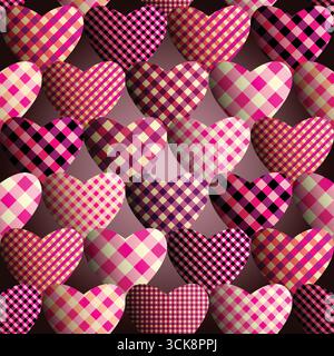 Cuori rosa viola con motivi a quadri su sfondo grigio sfumato Illustrazione Vettoriale