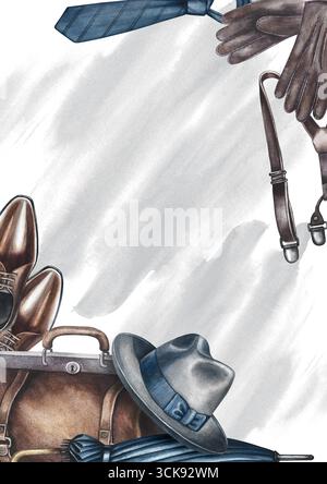 Cartolina per un uomo. Incorniciatura con borsa, cappello, ombrello, stivali e altri accessori vintage da uomo. Illustrazione ad acquerello disegnata a mano. Perfetto per Foto Stock