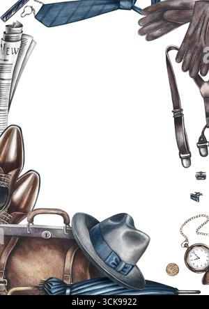 Cartolina per un uomo. Incorniciatura con borsa, cappello, ombrello, stivali e altri accessori vintage da uomo. Illustrazione ad acquerello disegnata a mano. Perfetto per Foto Stock