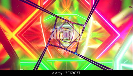 Un tunnel vibrante pieno di luci al neon avvolgenti crea un effetto energetico e ipnotico. I motivi e i colori vorticosi evocano un senso di movezza Foto Stock