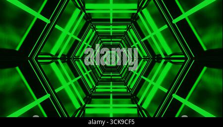 Una splendida vista di un tunnel verde neon caratterizzato da intricati motivi geometrici. Le luci brillanti creano un effetto ipnotizzante, attirando l'occhio più in profondità Foto Stock
