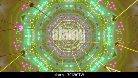 Le vivaci forme geometriche creano un'affascinante illusione ottica, mostrando motivi vorticosi nelle tonalità del verde, del rosa e del giallo. Un'effusione visiva dinamica Foto Stock