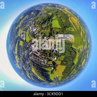 Vista aerea, vista locale di Nierenhof, Bonsfelder Strasse e binari ferroviari, area di costruzione Fellerstrasse, globo terrestre, immagine fisheye, imag a 360 gradi Foto Stock
