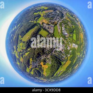 Vista aerea, vista locale Nierenhof, Bonsfelder Strasse e binari ferroviari, area di costruzione Fellerstrasse, globo, immagine fisheye, immagine a 360 gradi, piccolo wo Foto Stock