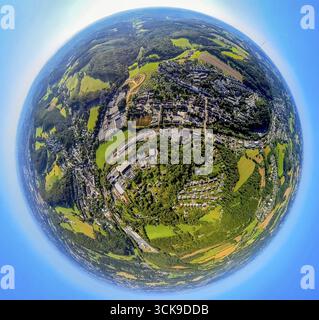 Vista aerea, vista locale Nierenhof, Bonsfelder Strasse e binari ferroviari, area di costruzione Fellerstrasse, globo terrestre, immagine fisheye, immagine a 360 gradi, t Foto Stock