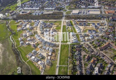 Veduta aerea, Angerbogen, zona residenziale Alter Angerbach, zona edilizia, Huckingen, Duisburg, zona Ruhr, Renania settentrionale-Vestfalia, Germania, Angerbogen Foto Stock