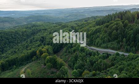 Strada tortuosa attraverso fitte colline boschive con auto in movimento, paesaggio panoramico di campagna aerea. Foto Stock
