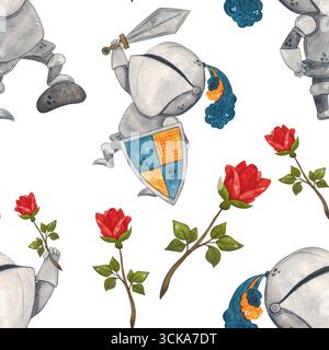Cavalieri medievali con motivo senza cuciture e rosa rossa, cartoni animati. Illustrazione disegnata a mano con acquerello. Disegno per carta, tessuto, biglietti, scrapbooking. Storia Foto Stock