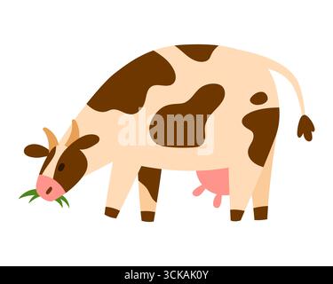 Giocosa mucca da latte macchiata che salta con la coda curva e l'erba da masticare per mammelle visibile, semplice e piatta, isolata sul bianco Illustrazione Vettoriale
